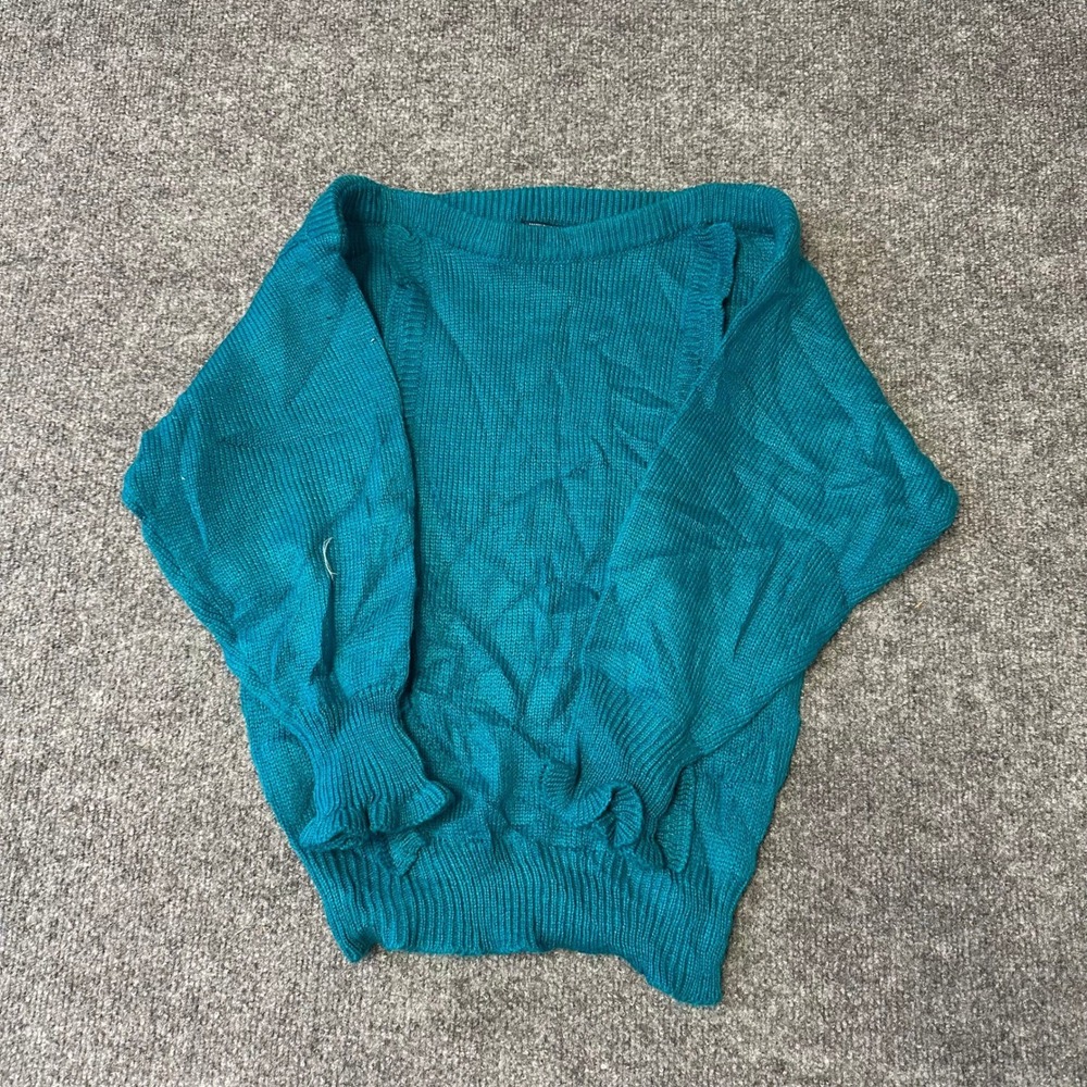 Casino Sweater Womens Size L Teal Blue Knit Boat Neck Ruffle Cuff Vintage Korea